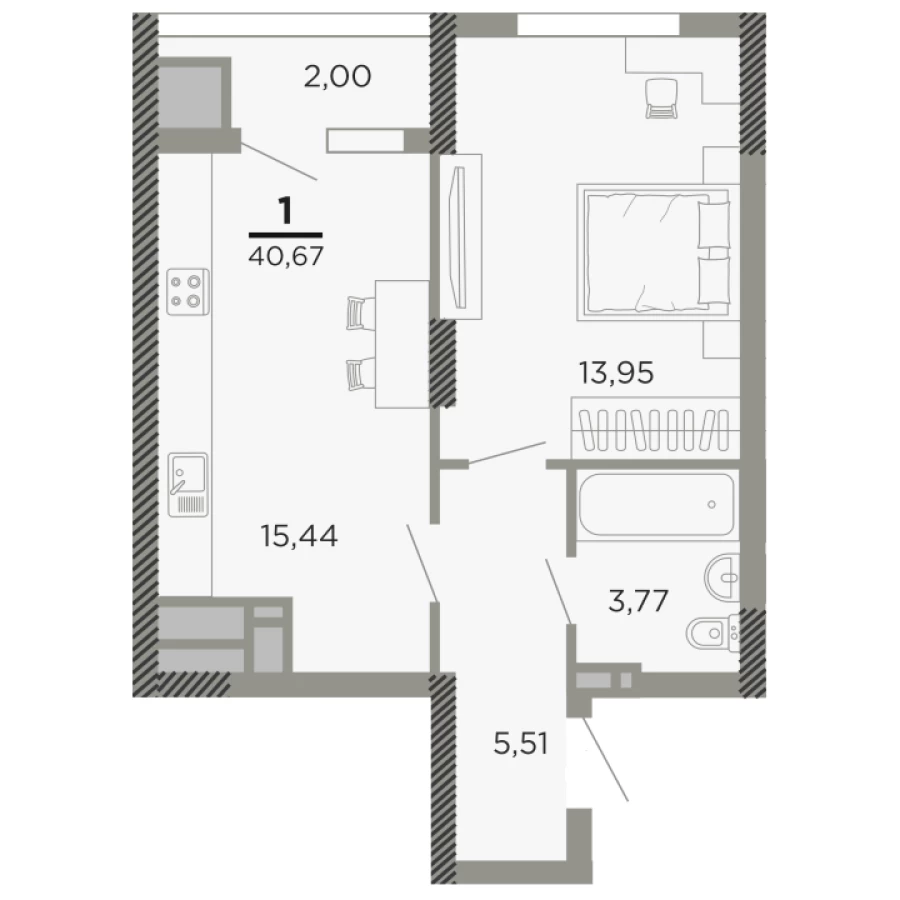 ЖК "Мартовский", квартира 1 комнатная, Рязань, новостройка 40,67 кв. м., 2 этаж, секция 1Г